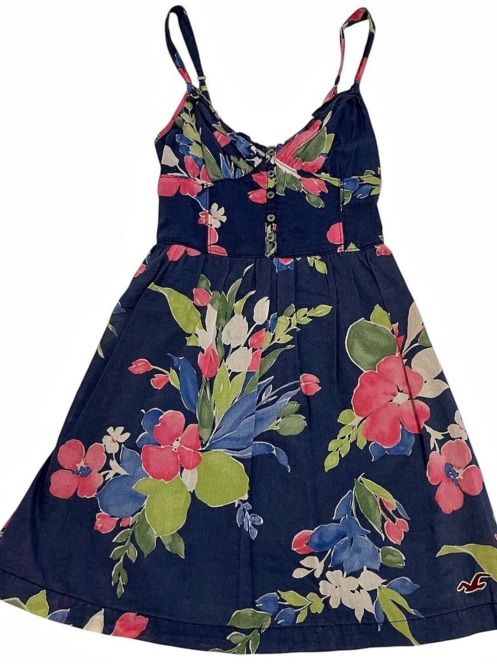 Hollister XS Navy Floral Sundress Fit & Flare Y2K Button Front Dress